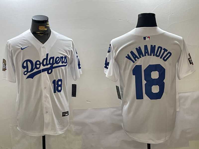 Mens Los Angeles Dodgers #18 Yoshinobu Yamamoto White 2024 World Series With Fernando Memorial Patch Home Limited Stitched Jersey